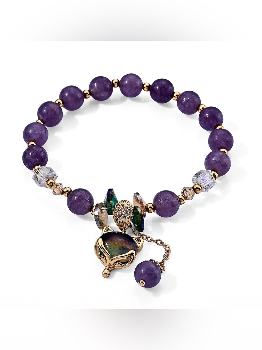 Amethyst and Crystal Beaded Fox Charm Bracelet - Women Jewelry